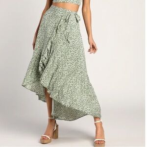 Lulus Summer Romance Sage Green Floral Print Wrap Midi Skirt M